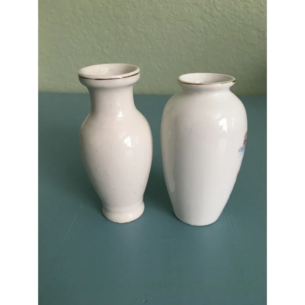2-Vintage Made in China Pink Green Flowers Ceramic Pottery Vases 3 3/4